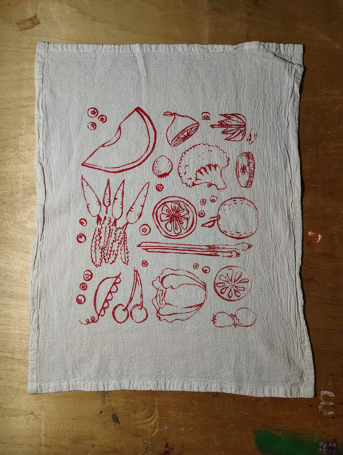 Fruit and Veg Tea Towel Screenprinted